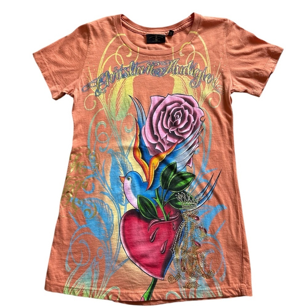 Christian Audigier women's t-shirt short sleeve top bling XS orange 100% cotton